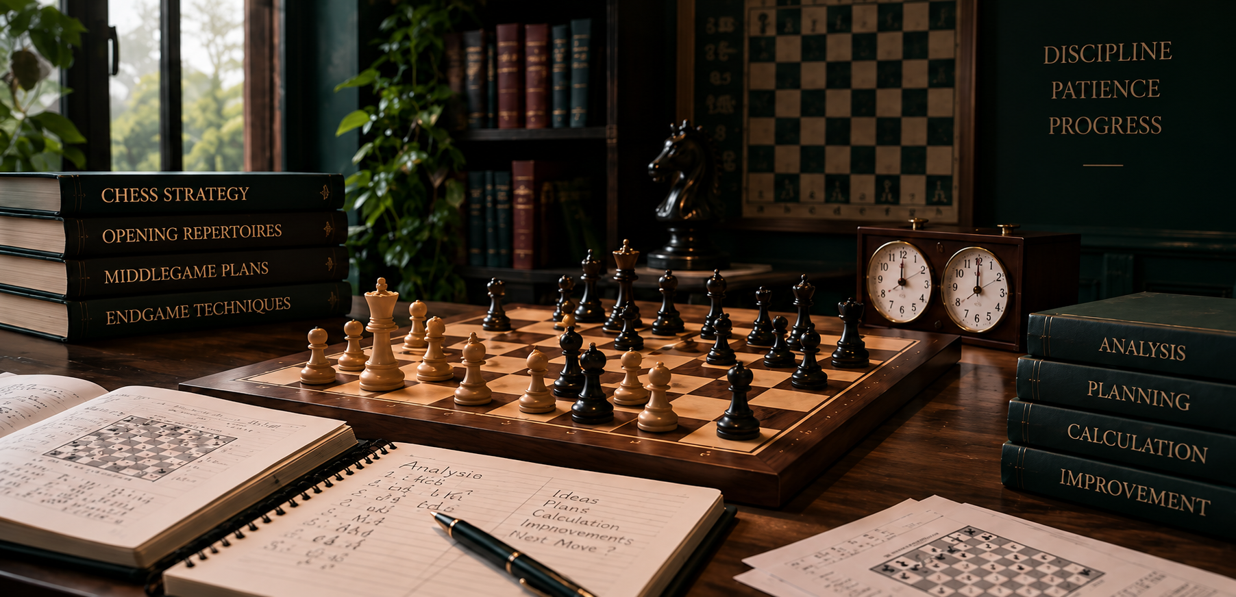 Chess study workspace with a board, chess clock, strategy books, notebook and analysis papers